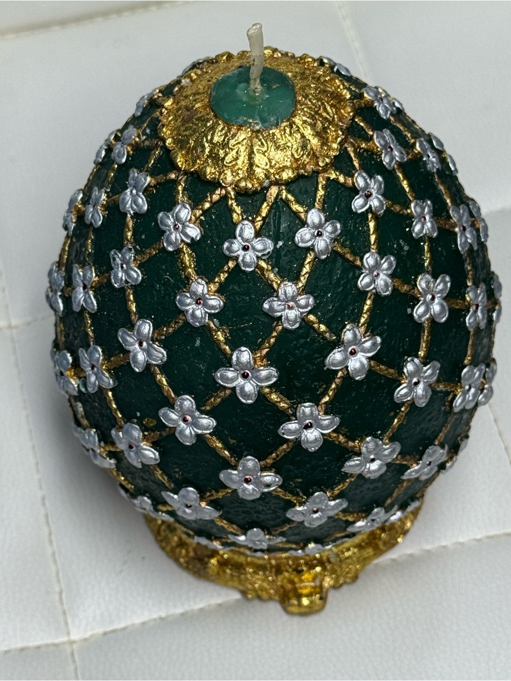 Faberge Style Egg Candle Green Gold Floral Decor